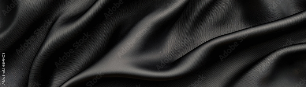 Poster luxurious close-up of cascading black silk fabric with elegant waves, showcasing smooth and sleek te