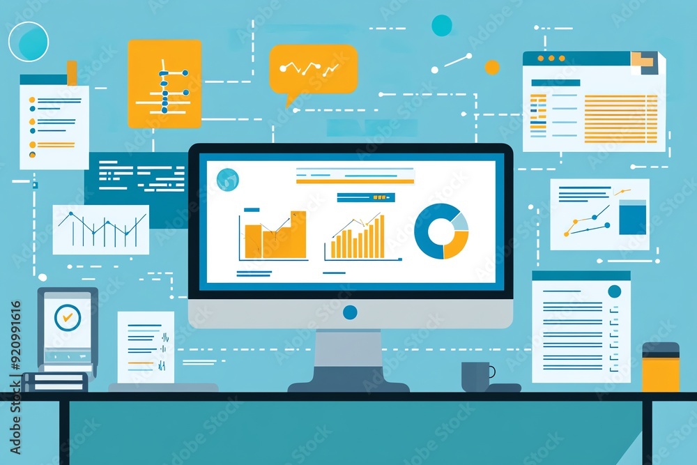 Poster Desktop Analytics with Charts and Graphs.