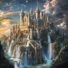 Obraz premium Enchanting Anime Wonderland: Whimsical Castle in Dreamy Cloudscape. Vibrant Colorful Landscape with Cinematic Sky. Perfect for Game Scenes, Posters, Novel Illustrations, UI Design, and Creative Market