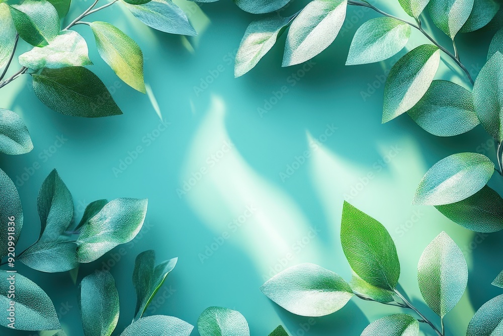Poster azure embrace: verdant leaves frame a tranquil turquoise canvas, sunlight dappling through the folia