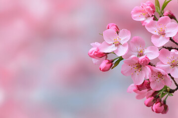Fototapeta premium Beautiful pink cherry blossoms in full bloom on a blurred pastel background, perfect for springtime themes and nature lovers.