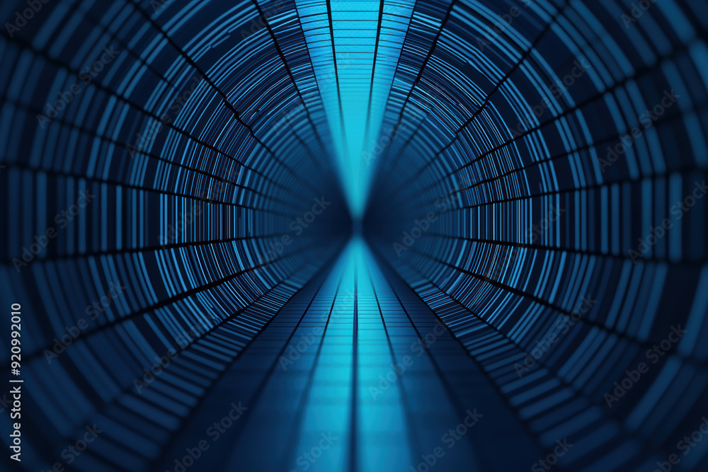 Poster abstract image of a futuristic, glowing blue tunnel with a symmetrical, geometric pattern, creating 