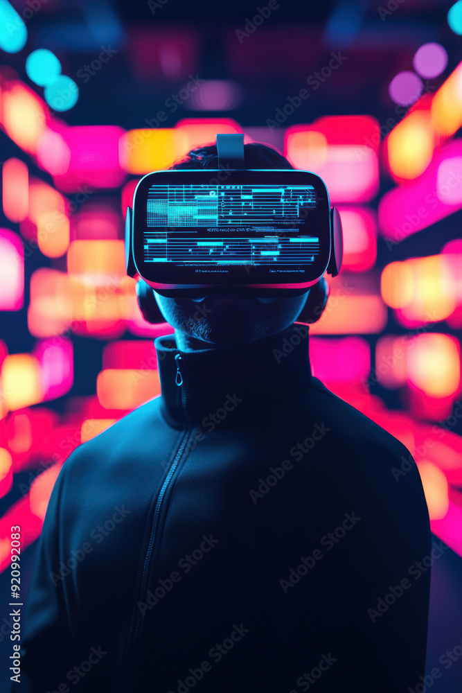 Poster person in vr headset exploring a digital world filled with colorful lights and data projections, hig