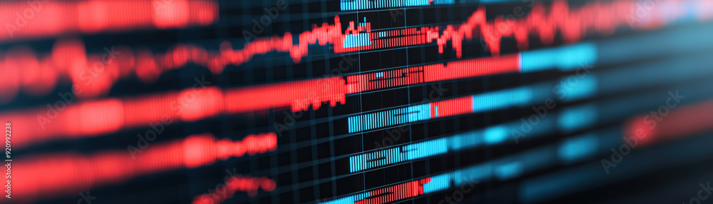 Poster close-up of a digital stock market graph displaying red and blue bars and lines. perfect for illustr