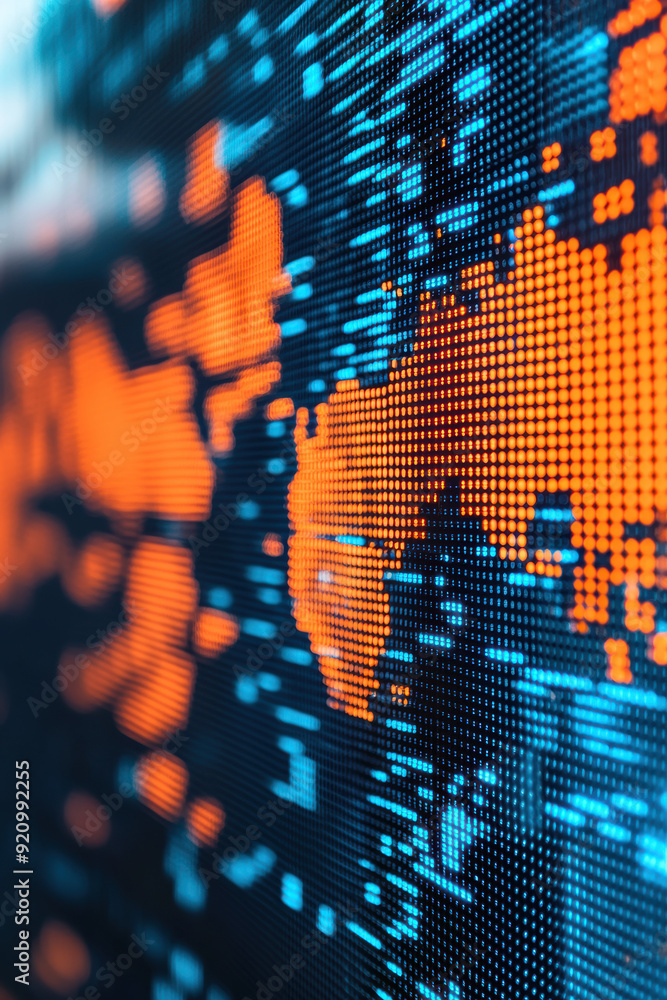 Poster close-up of a digital world map with vibrant orange and blue pixel patterns depicting global connect