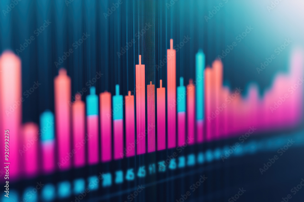 Poster close-up of a digital chart with colorful bars indicating data trends and analysis in technology, fi