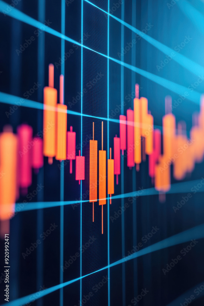 Poster close-up of a financial stock market chart showing data visualization with candlestick patterns on a