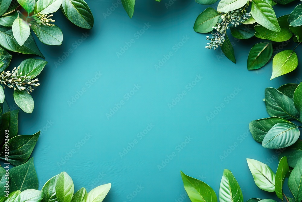 Poster green frame on teal: a captivating frame of lush greenery with a vibrant teal background. perfect fo