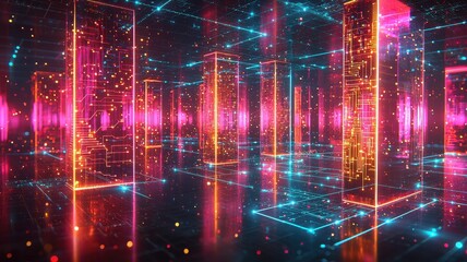A vibrant digital landscape with glowing pillars and colorful particles creating a futuristic atmosphere.