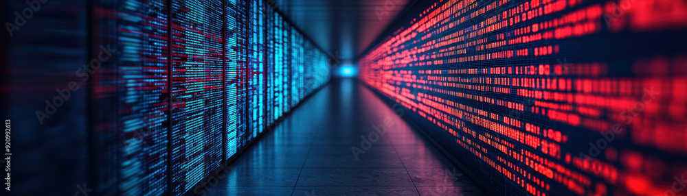 Poster modern data center with blue and red led lights forming an intricate pattern on server racks, showca