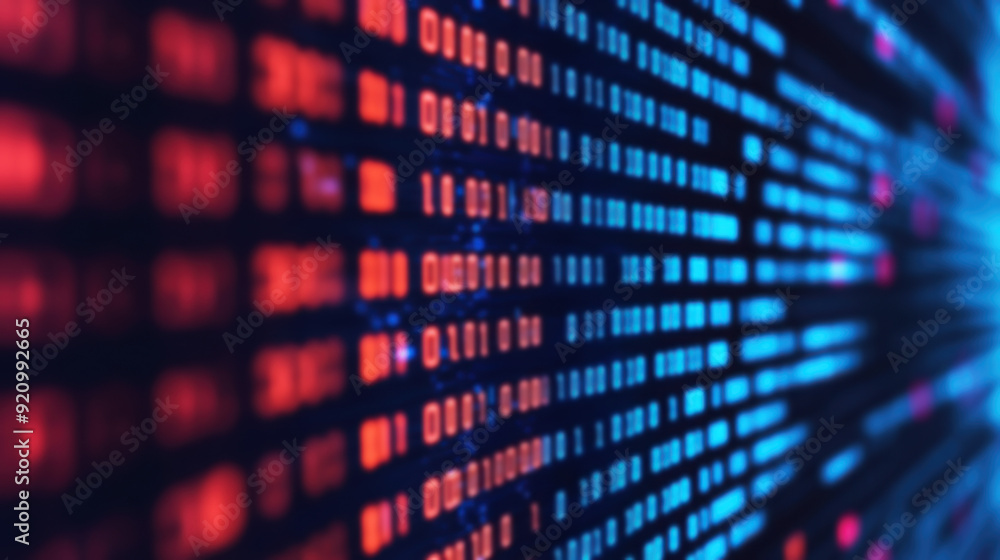 Poster abstract digital data code pattern with blue and red lights, representing cybersecurity and technolo