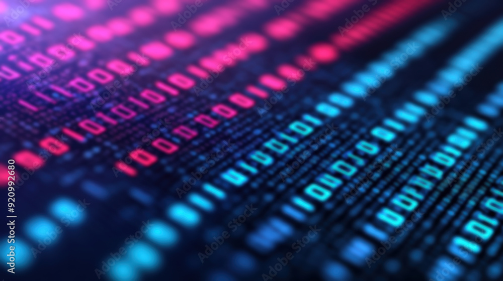 Poster abstract background of binary code in blue and red colors, representing data, digital technology, an