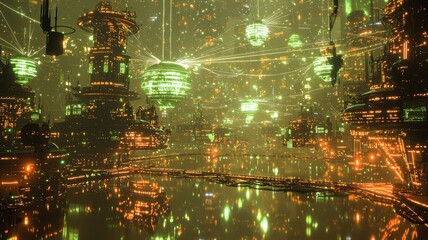 Fototapeta premium Futuristic digital cityscape featuring glowing lights, intricate structures, and a vibrant atmosphere, ideal for sci-fi themes.