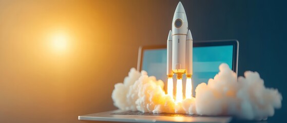 A modern rocket launching from a laptop, symbolizing innovation and technology. Emphasizes the futuristic concept of digital advancement.