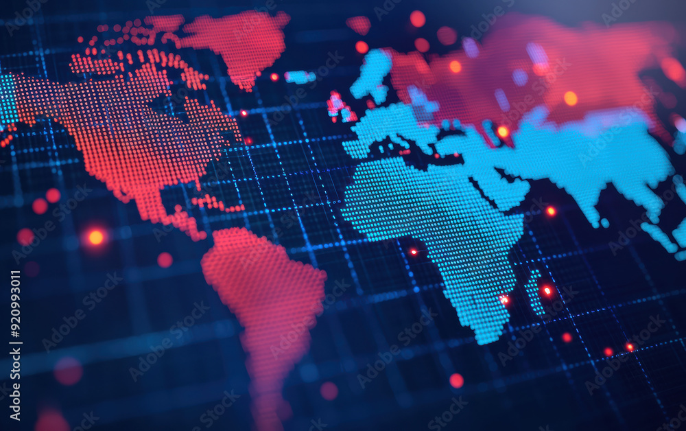 Poster digital world map with glowing dots and lines, data visualization, global connectivity and network, 