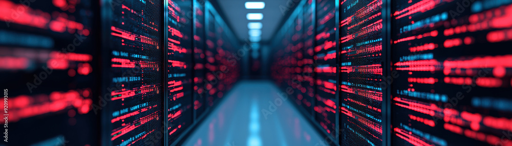 Poster modern data center with servers illuminated by red and blue lights, showcasing advanced technology a