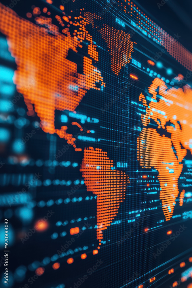 Poster global digital map interface with orange and blue data visualization representing network connection