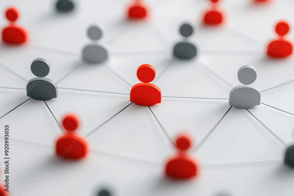 Poster illustration of networking concept with red and white figures connected by lines on a grey backgroun