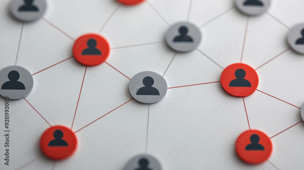 Poster illustration of a network with connected nodes representing social connections and communication, fe