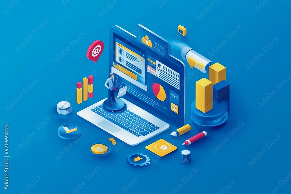 Aufkleber isometric illustration of a businessman working on his laptop, analyzing data and charts.