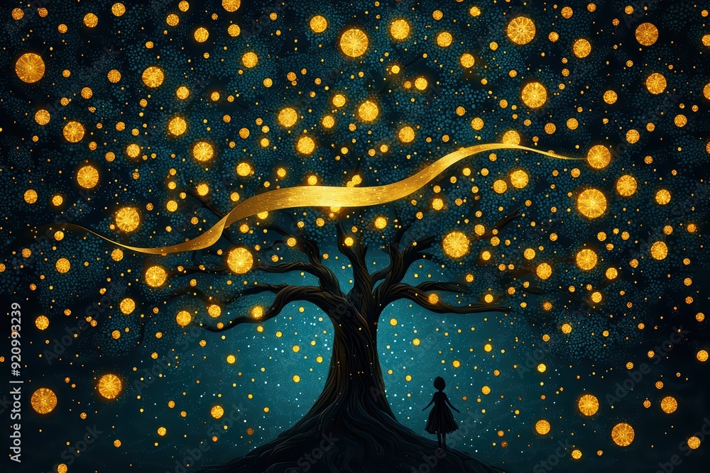 Poster a mystical tree adorned with glowing orbs and a golden ribbon, creating a dreamlike atmosphere at ni