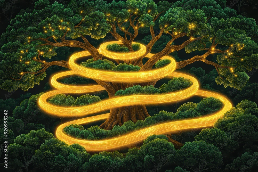 Poster a mystical tree illuminated with golden spirals, creating an enchanting atmosphere of nature and fan