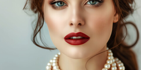 Fototapeta premium Elegant Woman with Red Lips and Pearls, Close-Up Portrait, Stylish Makeup and Jewelry