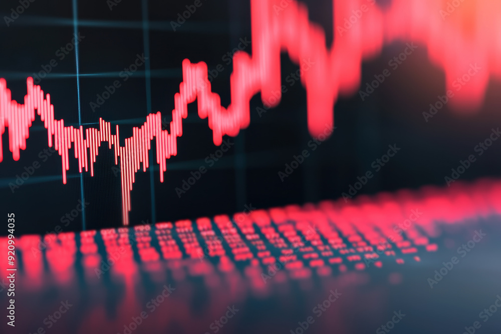 Poster close-up image of a stock market chart displaying a downtrend with red candlestick patterns on a dar