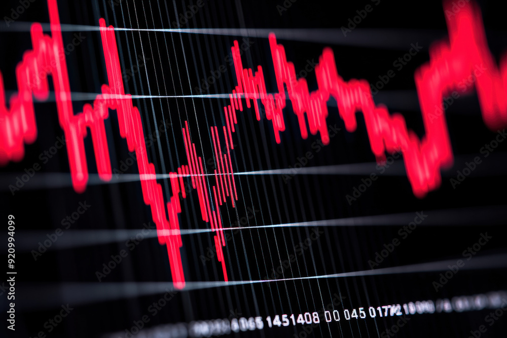 Poster close-up view of a fluctuating stock market graph displaying vibrant red and orange lines on a dark 