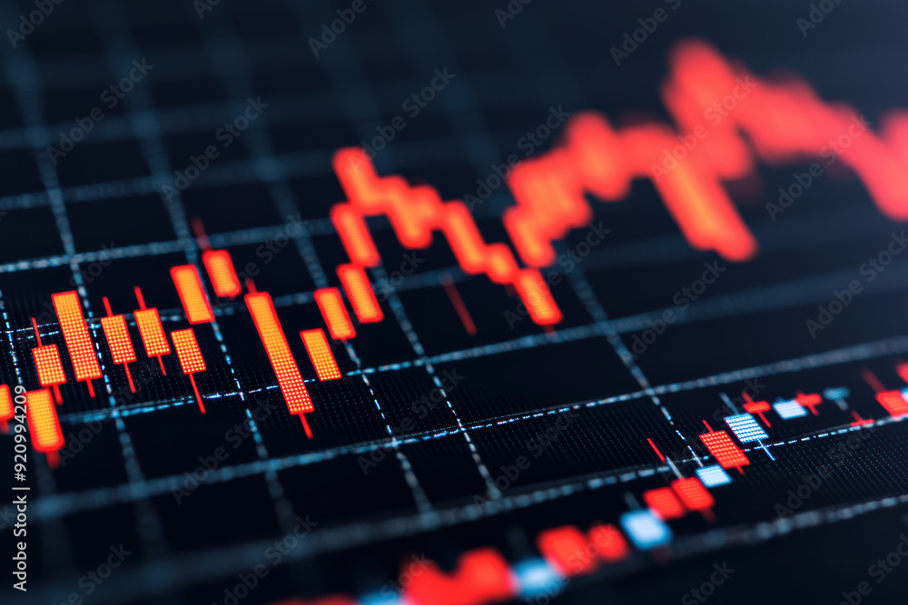 Poster close-up of a volatile stock market graph with red bars and lines indicating fluctuations and trends
