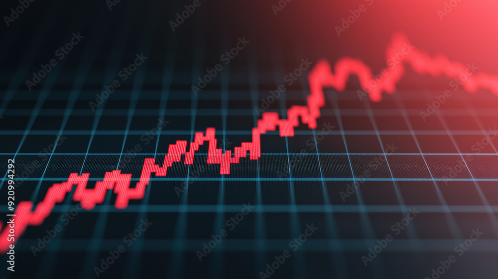 Poster abstract close-up of a fluctuating stock market graph with red trendline on a dark grid background, 