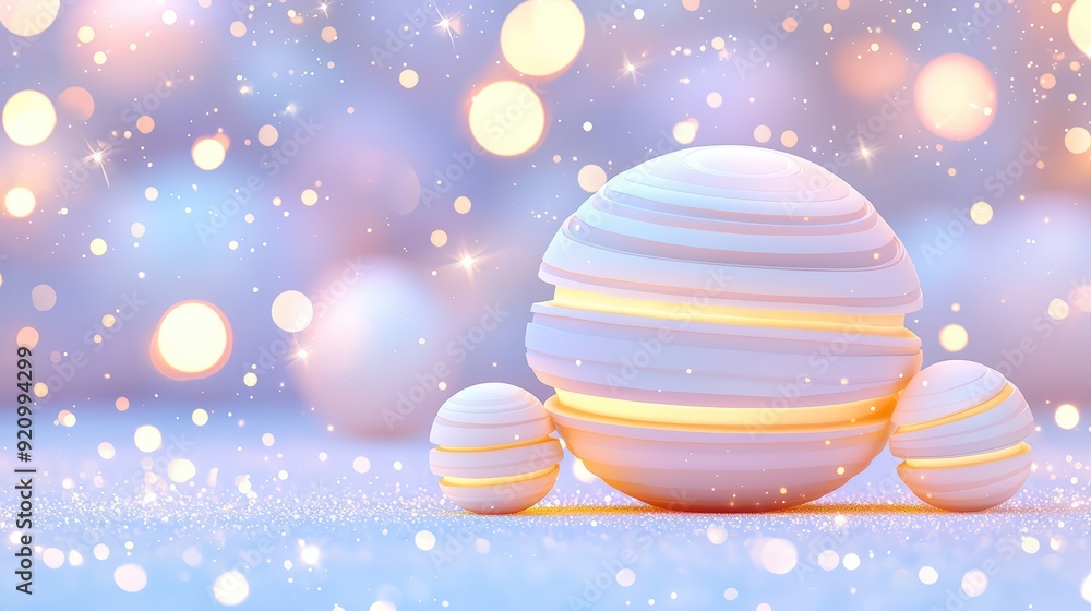 Poster a serene and whimsical digital creation of colorful spheres surrounded by soft glows and sparkling l