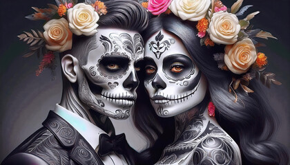 
Halloween Gothic couple portrait skeleton, La Katrina with flowers and tattoo
