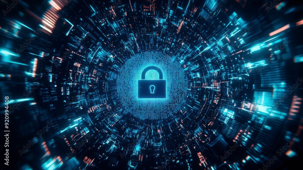 Poster digital background with pixelated lock and data protection symbols on a blue digital screen