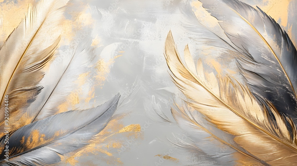 Poster elegant golden feathers floating in ethereal light