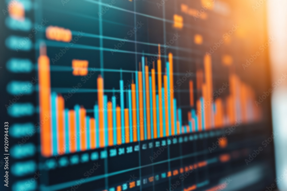Poster abstract financial graph with colorful bars and data points on a dark background, representing marke