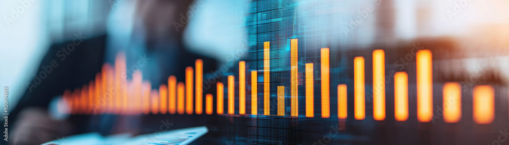 Poster blurry office background with a colorful data graph overlay, depicting financial growth and analytic