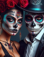 
Halloween Gothic couple portrait skeleton, La Katrina with flowers and tattoo
