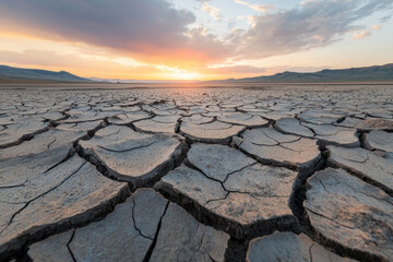 A vast, cracked landscape under a dramatic sunset, highlighting extreme drought and arid conditions with distant mountain silhouettes.