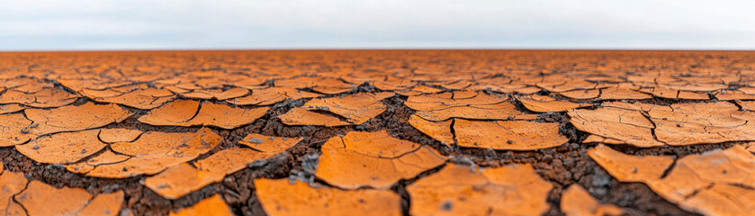 Obraz premium Panoramic view of cracked, dry desert soil under a cloudy sky, showcasing the effects of drought and climate change. Arid landscape and environmental impact.