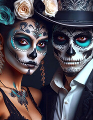 Gothic couple portrait skeleton, Halloween La Katrina with flowers and tattoos