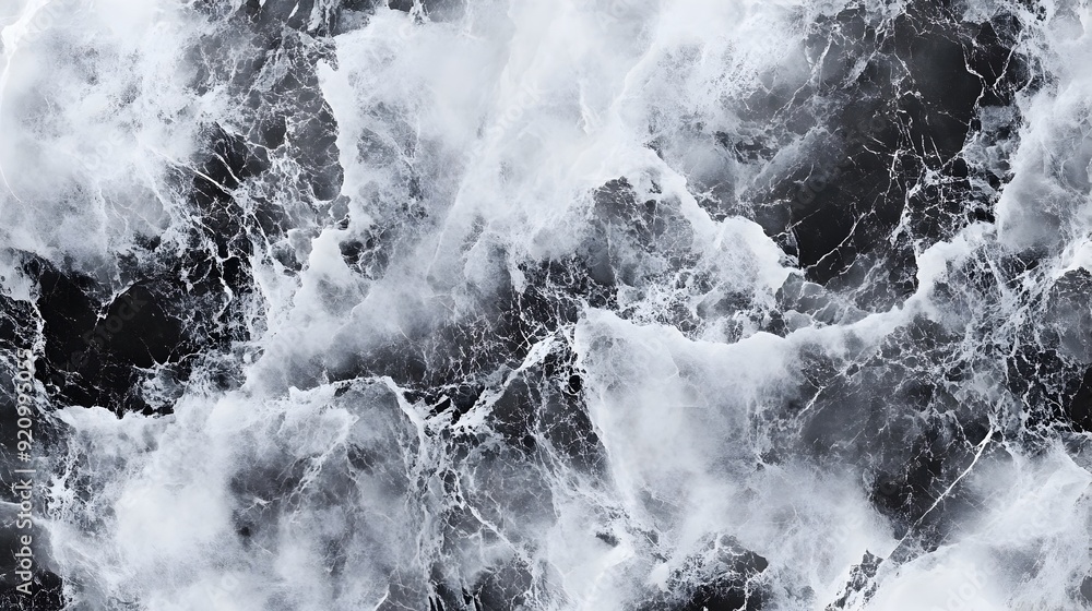Poster powerful rushing waterfall with crashing waves and surging motion