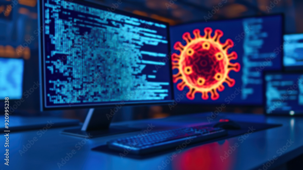 Poster a cybersecurity warning on a computer screen highlighting a virus alert with code displayed. concept