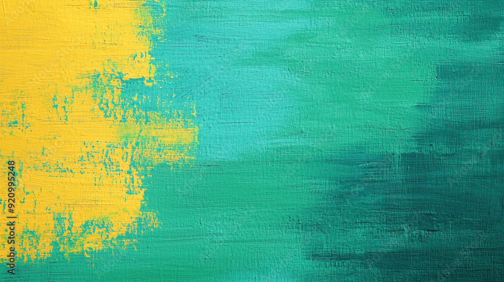 Poster abstract artistic background with vibrant yellow and teal brush strokes on canvas, creating a textur