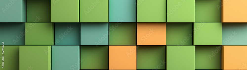 Poster abstract geometric pattern with green and orange cubes, creating a modern, vibrant and dynamic backg