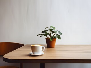 A hot coffee mug sits on the warm table