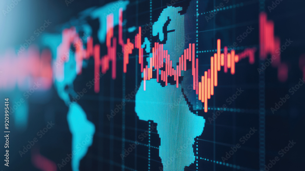 Poster stock market graph displayed on a digital screen over a world map background, illustrating global fi