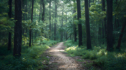 Tranquil Pathways: A Peaceful Walk Through Serene Forest Trails Touched by Gentle Sunlight