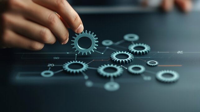 A hand adjusting interlocking gears on a digital interface, symbolizing business agility and rapid market adaptation