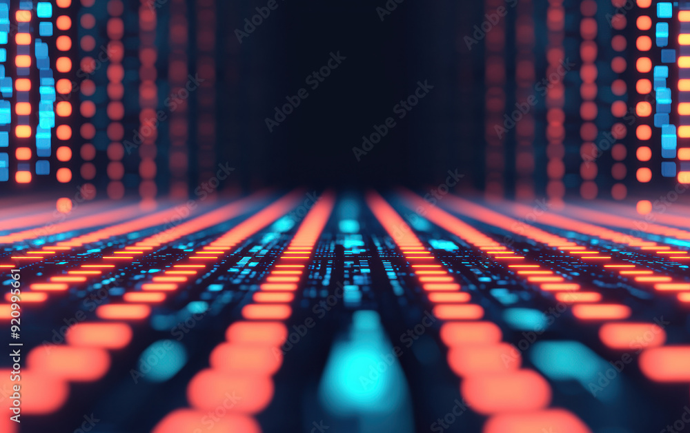 Poster futuristic digital grid with glowing red and blue lights, abstract technology background, data visua